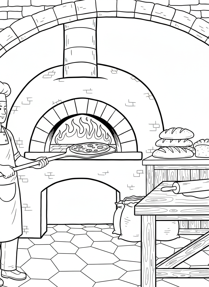 A pizza oven with flames visible inside and a pizza on a long paddle being inserted, bakery scene line art