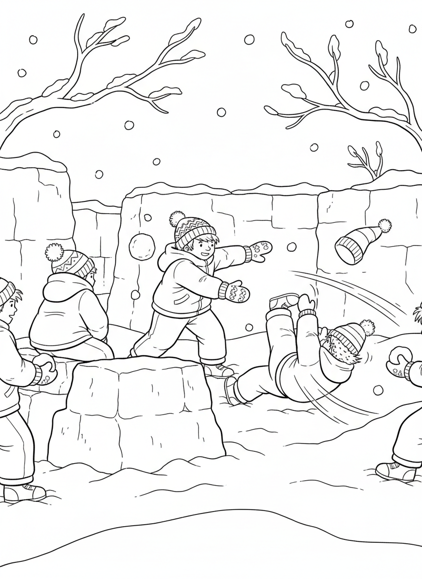 Children having a snowball fight in winter gear, mittens and hats flying, snow forts in background, action-filled playful scene.