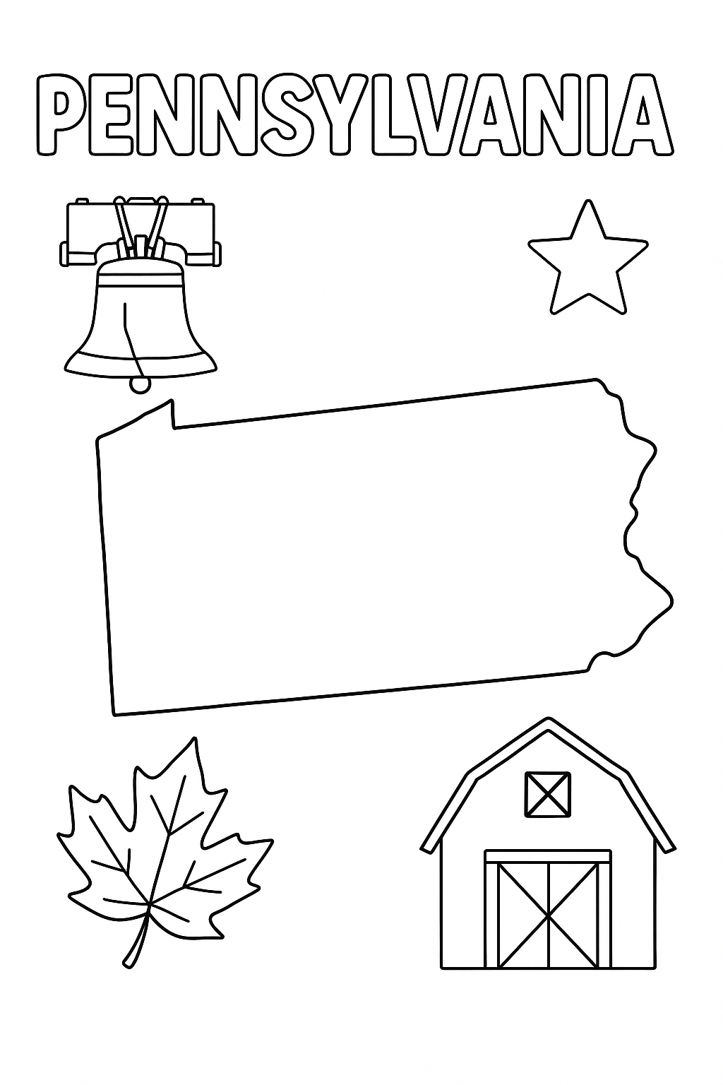 Write “Pennsylvania” once at the top in outlined letters. Make the map outline large and central. Add one Liberty Bell, one barn, one leaf, and one star icon in corners.