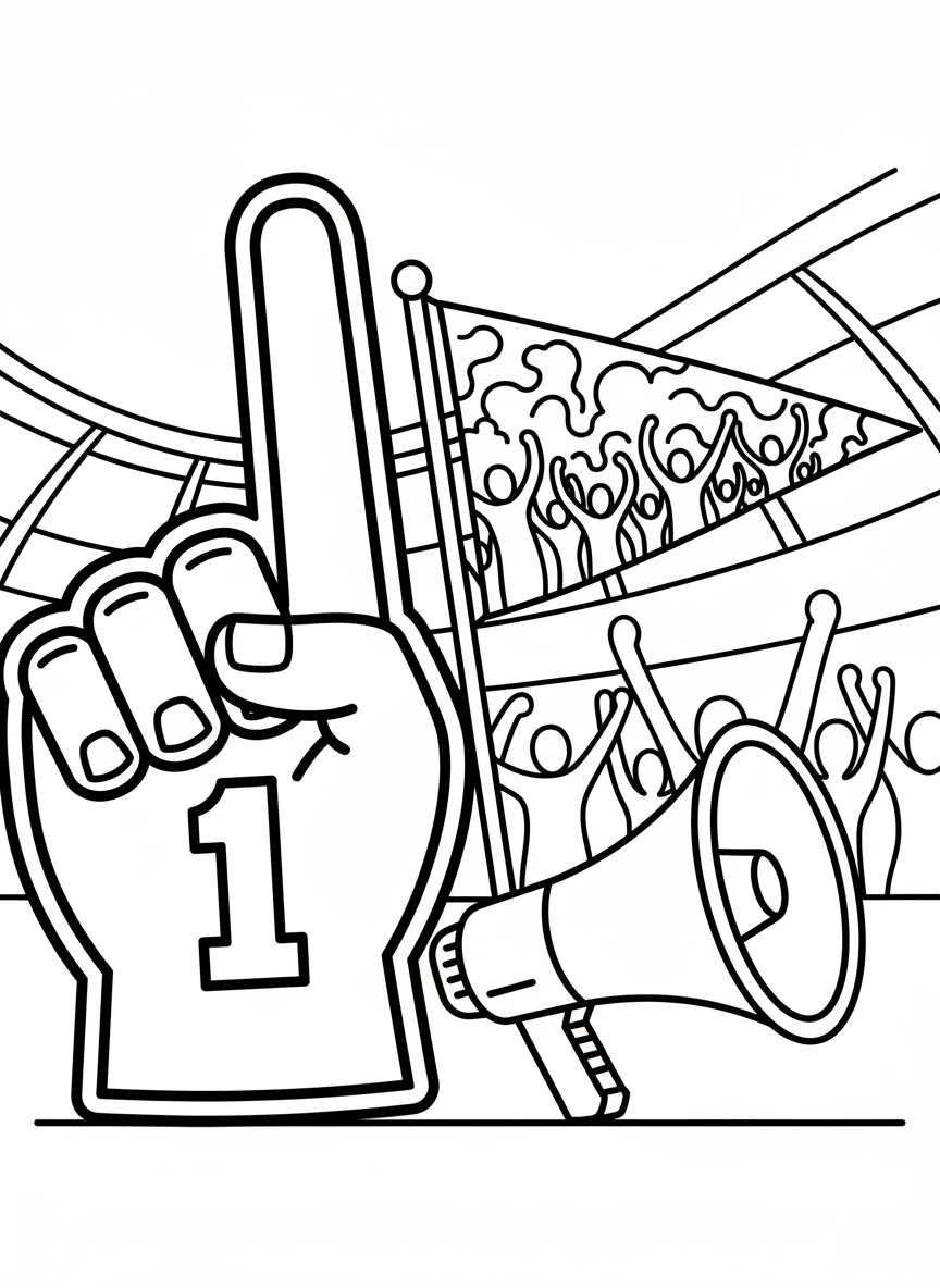 A foam finger pointing up with number one, next to a pennant flag and megaphone, fan gear collection