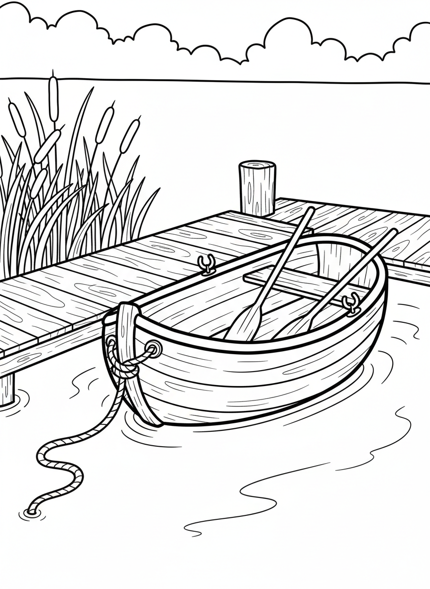 A pottery-style rowboat with oars resting inside, tied to a wooden dock with cattails nearby, simple charming line art
