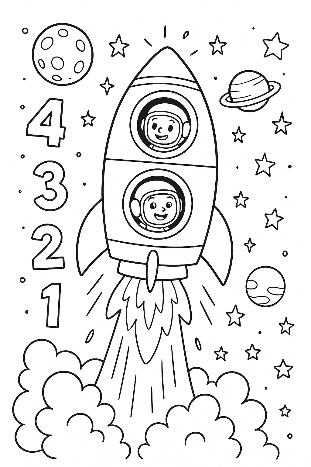 A colorful rocket blasting into space, flames and smoke bursting below, countdown numbers floating nearby, excited astronauts visible through windows, planets and stars ahead, and a bright energetic illustration.