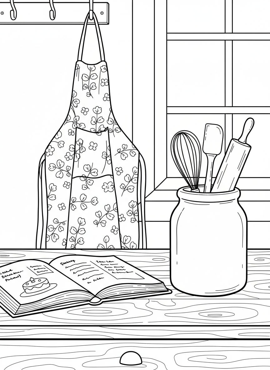 A kitchen scene showing an apron hanging on a hook, with baking utensils in a jar and a recipe book open on the counter.