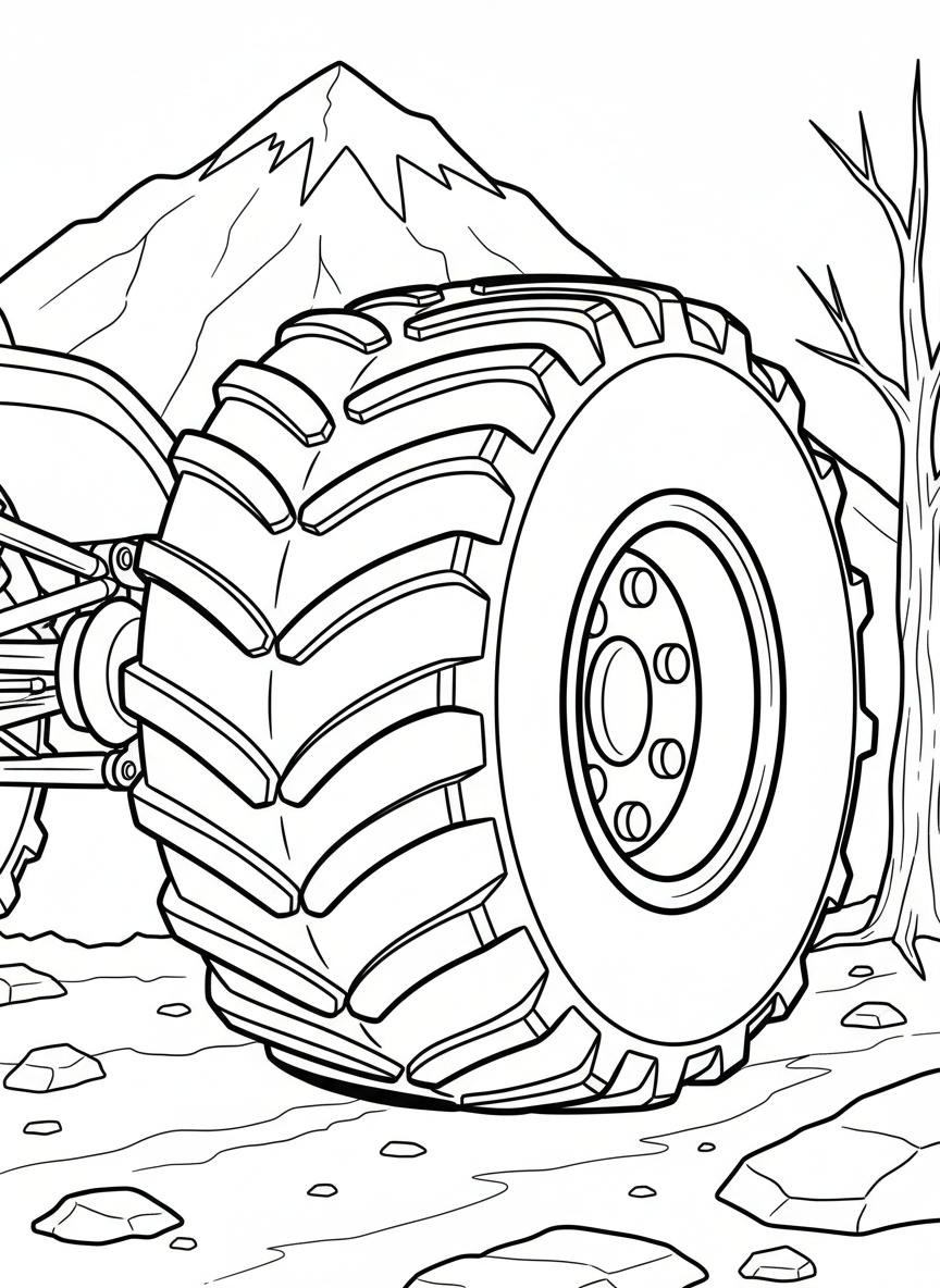 Close-up view of a monster truck's massive wheel and tire, showing detailed treads and rim design