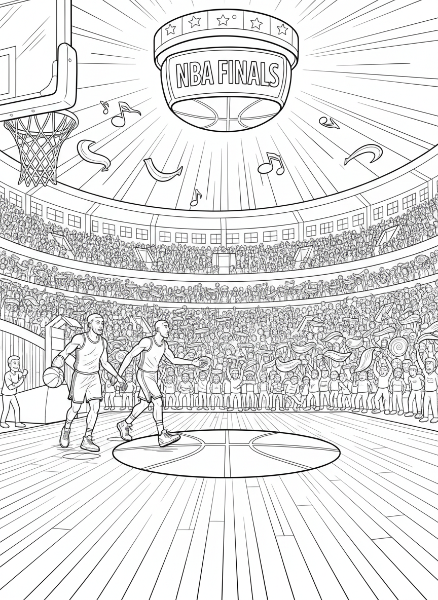 NBA Finals: A sold-out professional basketball arena shimmering under championship lighting, rally towels spinning in the stands as star players step onto the hardwood with the air buzzing from Finals-level pressure.