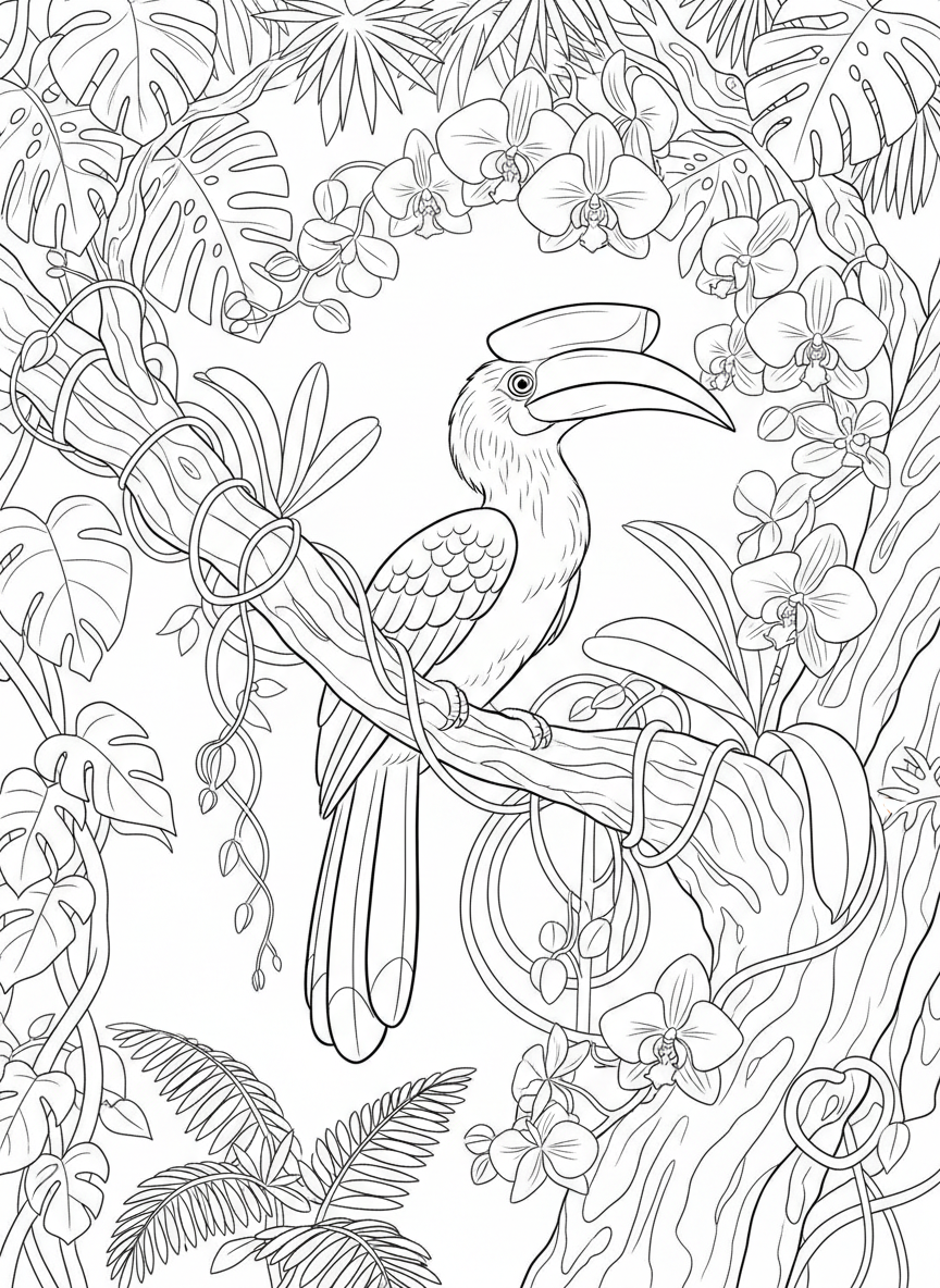 A hornbill bird with its distinctive casque perched on a branch, tropical vines and orchids decorating the scene.