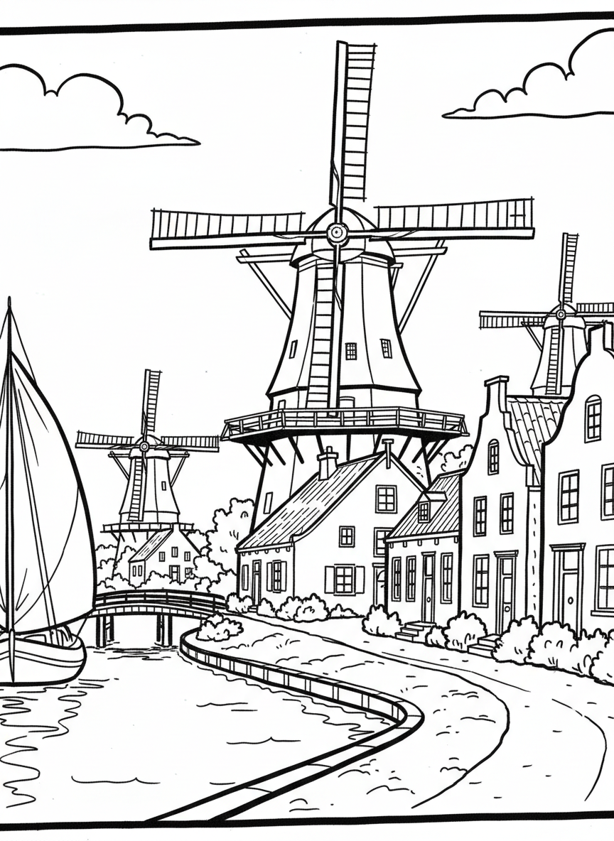 A detailed scene of a windmill village with three windmills, a canal with a sailboat, and traditional Dutch houses along the water.