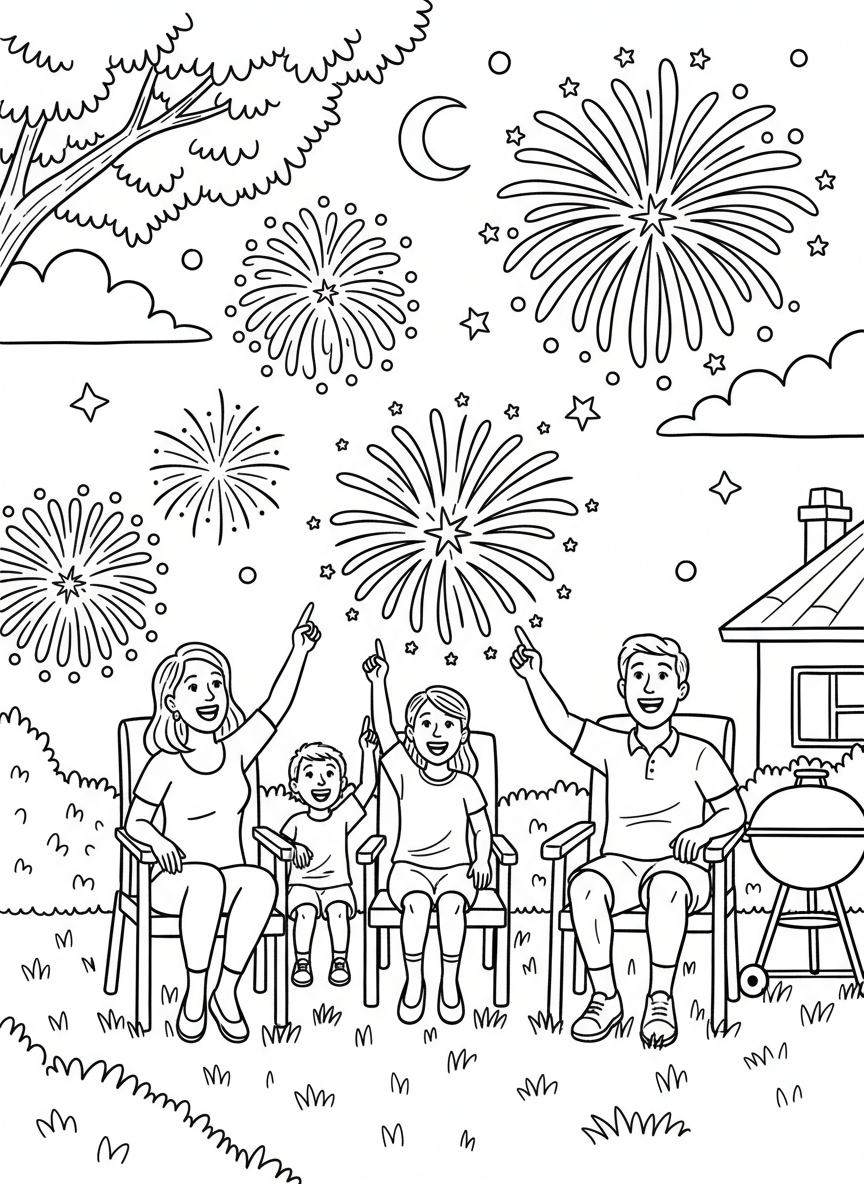 Family watching fireworks from their backyard, sitting on lawn chairs and pointing up at the sky with excitement