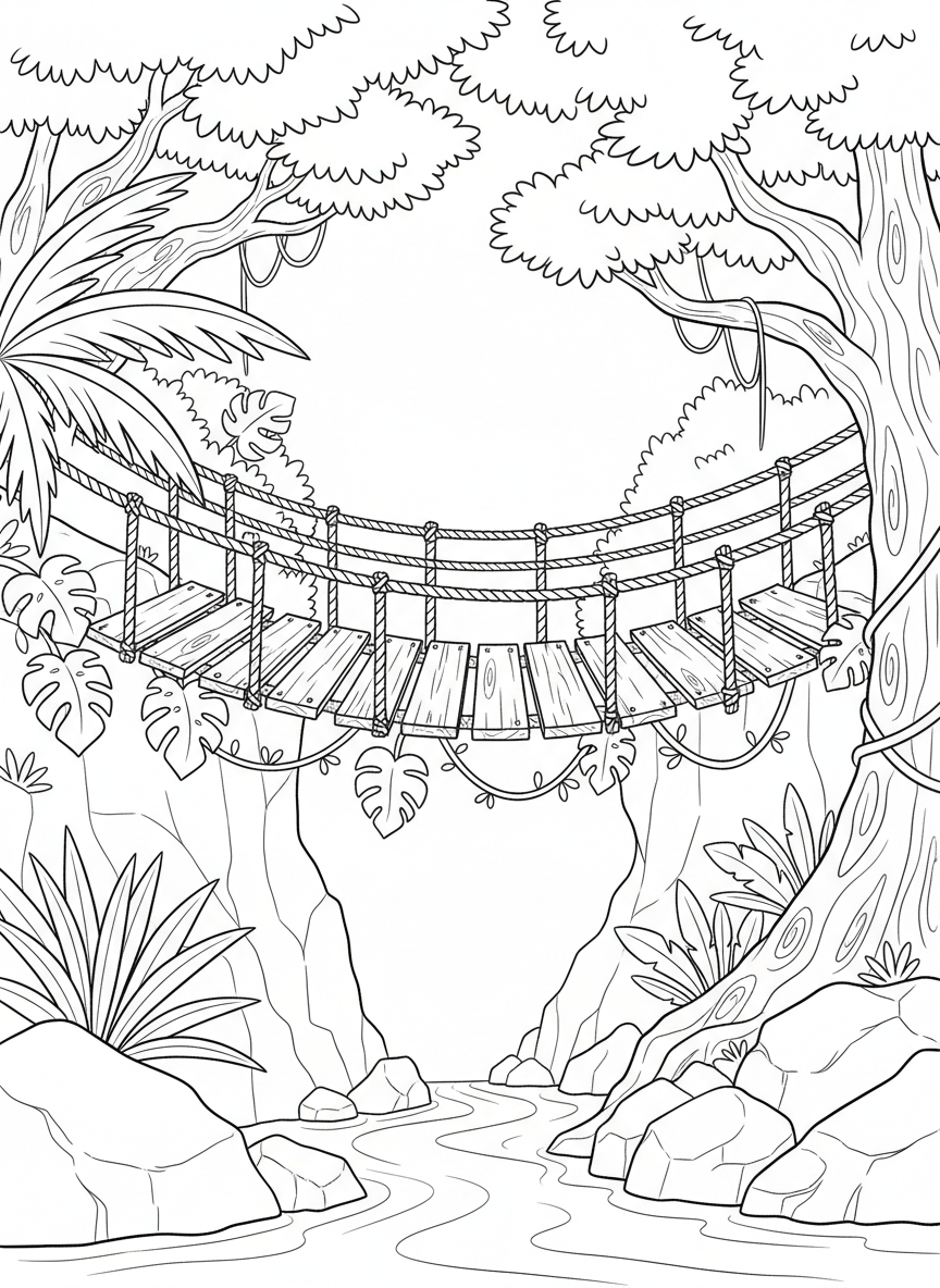 A rope bridge made of thick braided ropes and wooden planks with leaves and vines decorating the sides, jungle adventure feel.