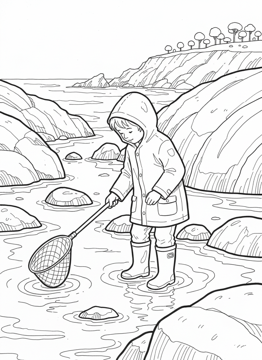 A child wearing rain boots standing in shallow water, dipping a long-handled net into a tide pool surrounded by rocks.