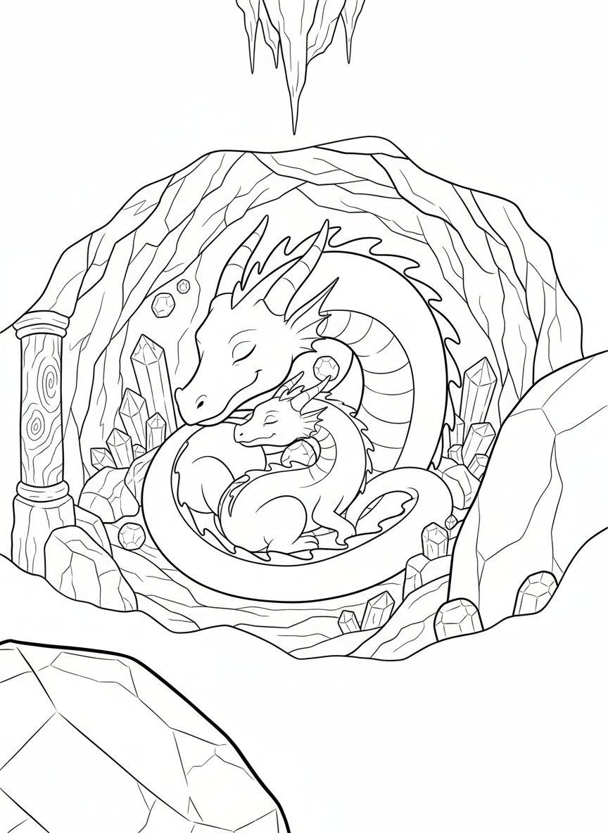 A dragon family with parent and baby dragons cuddled together in their mountain home with gems scattered around.