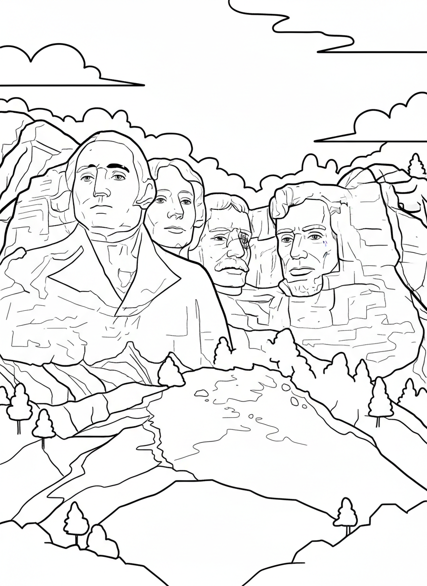 Mount Rushmore showing the four presidents' faces carved into the mountain, simplified with clear facial features and outlines.