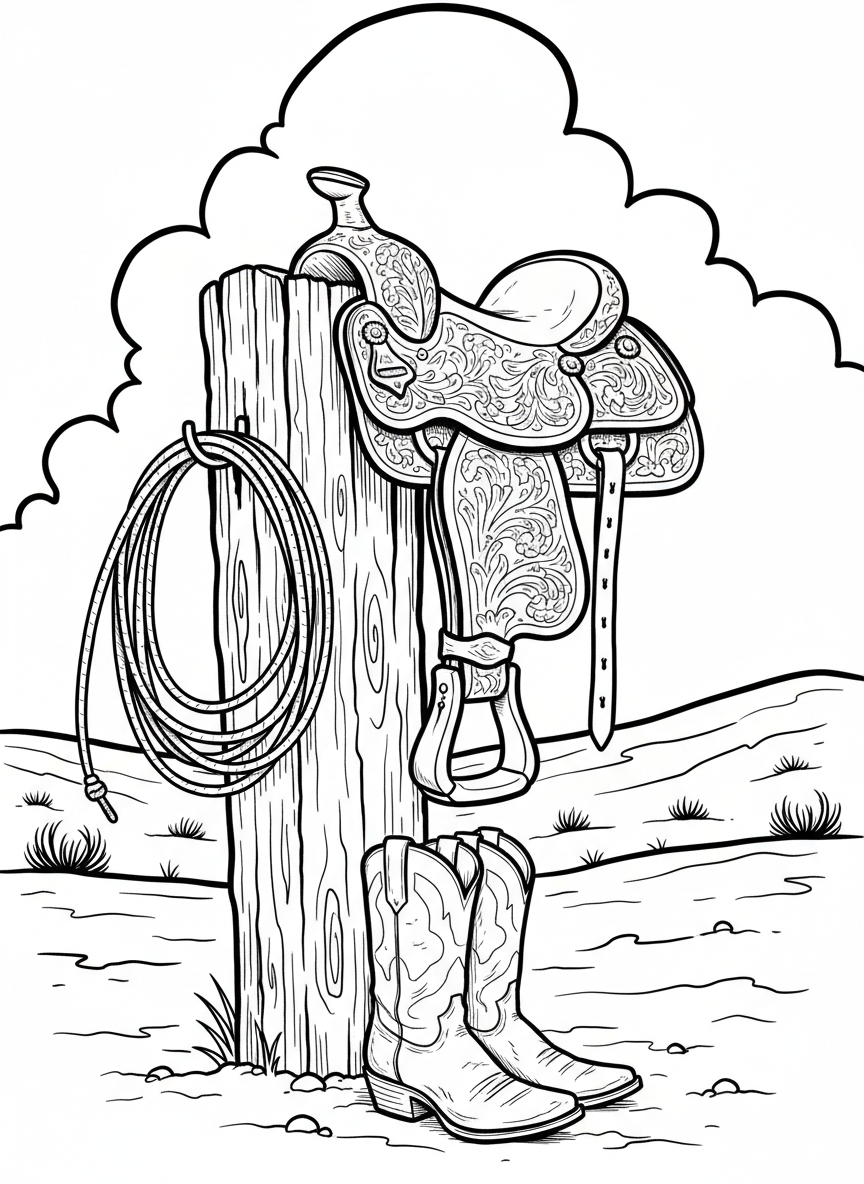 A detailed Western saddle resting on a fence post, with a coiled lasso hanging beside it and cowboy boots underneath.