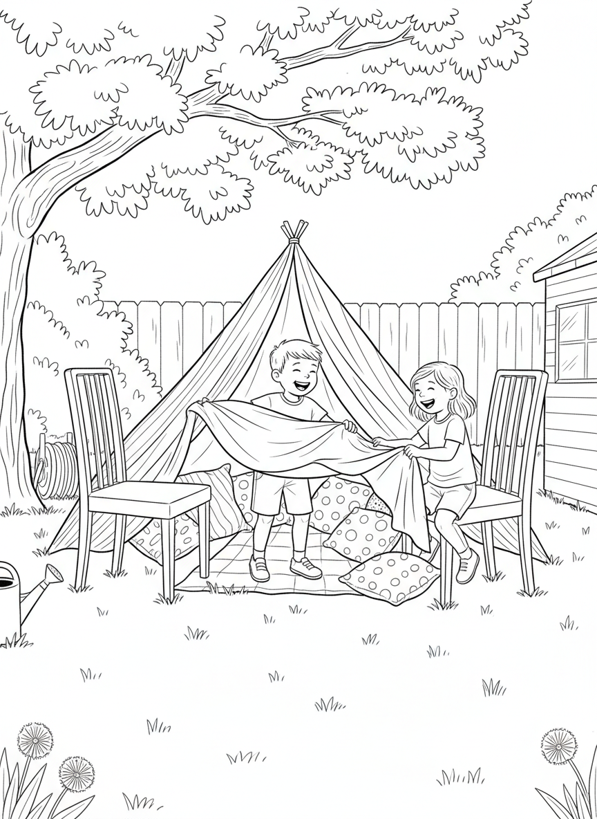 Two kids building a blanket fort tent using chairs and sheets in the backyard with pillows inside.