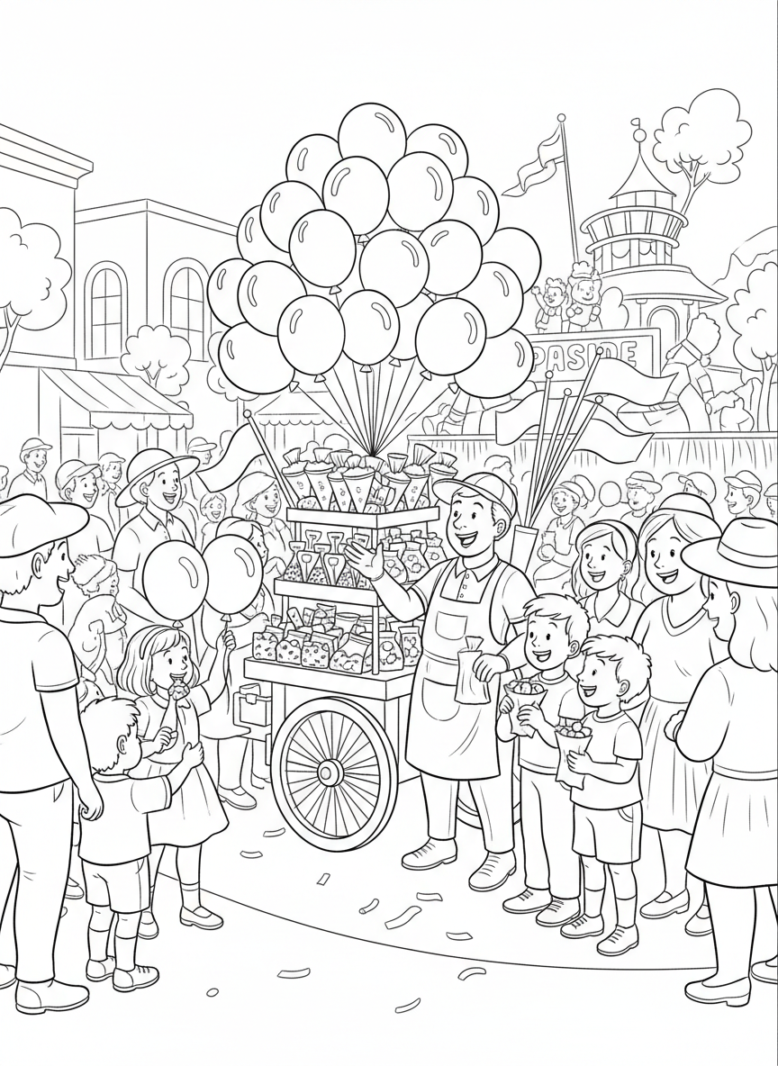 Street vendors selling balloons, flags, and treats along the parade route, with families gathered around their carts enjoying the celebration.