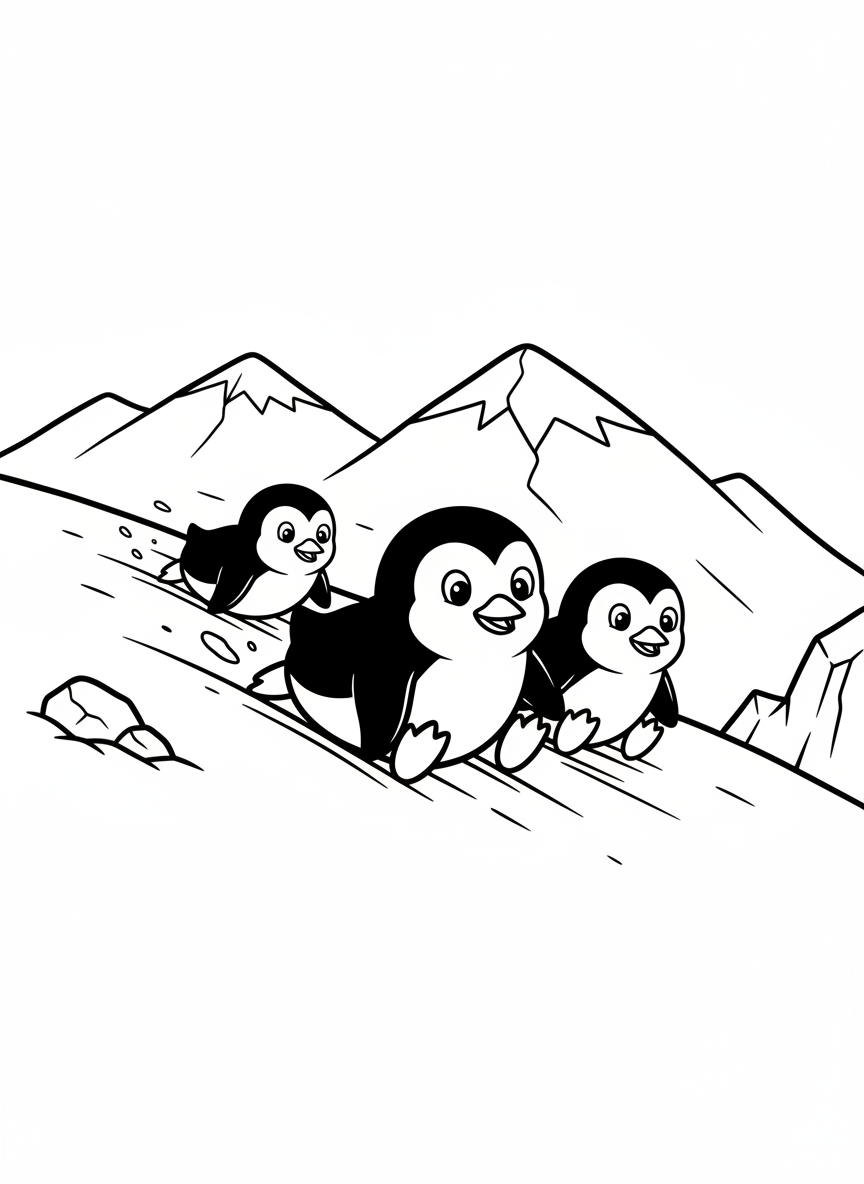 A group of three penguins sliding down a snowy hill on their bellies, showing motion and excitement, with simple mountain outlines in the background