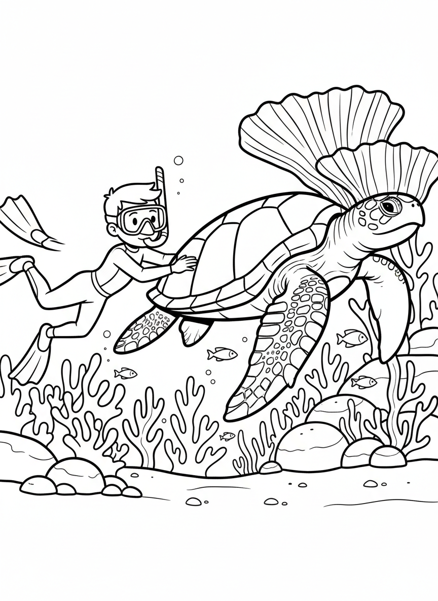 A young explorer in full snorkel gear swimming alongside a large friendly sea turtle near a reef
