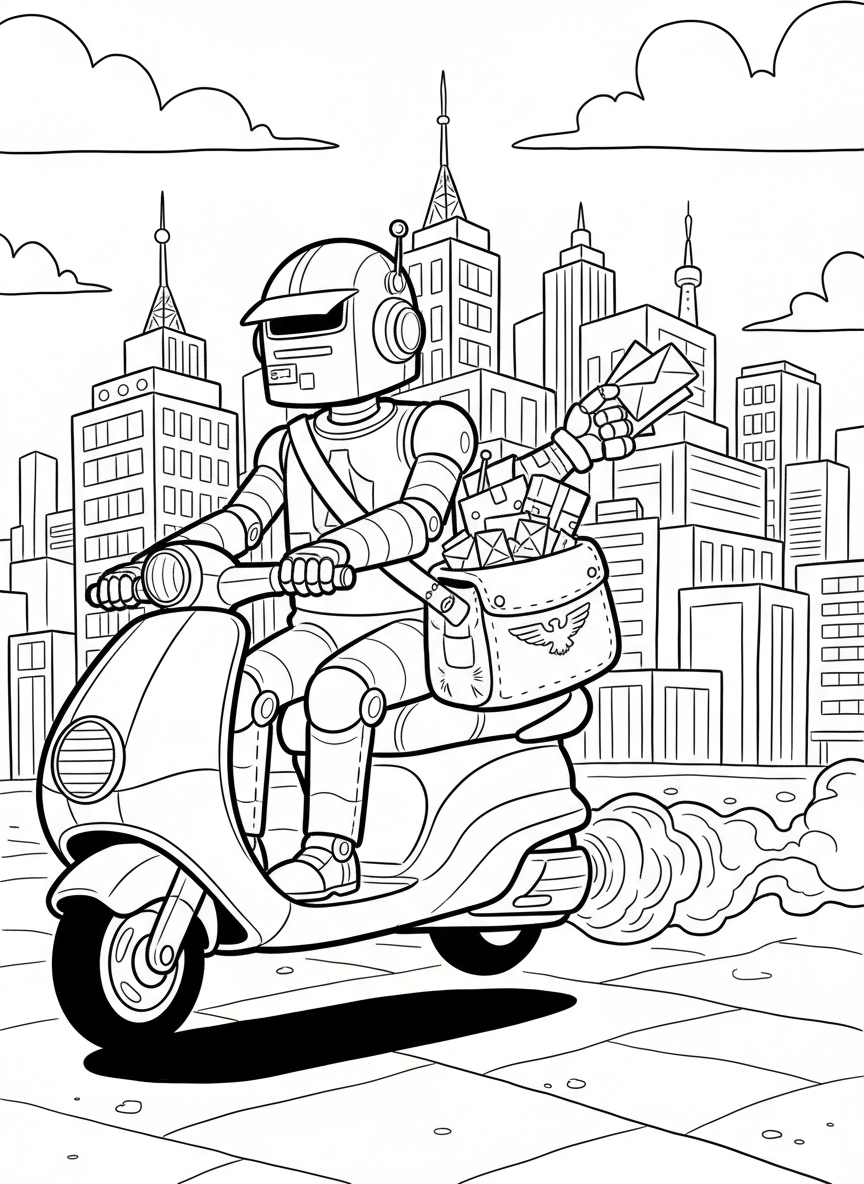 A robot mail carrier with a delivery bag riding a hover scooter, holding letters and packages.