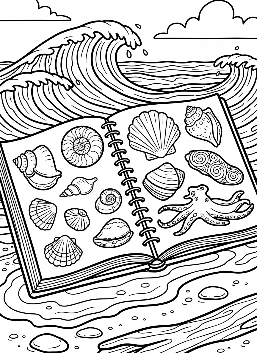 A waterproof field guide with spiral binding, open to a page showing different types of seashells and mollusks.