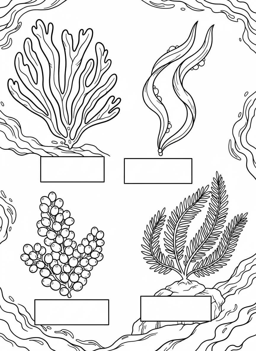 A field guide page showing four different types of seaweed with empty description boxes beneath each one, simple botanical style