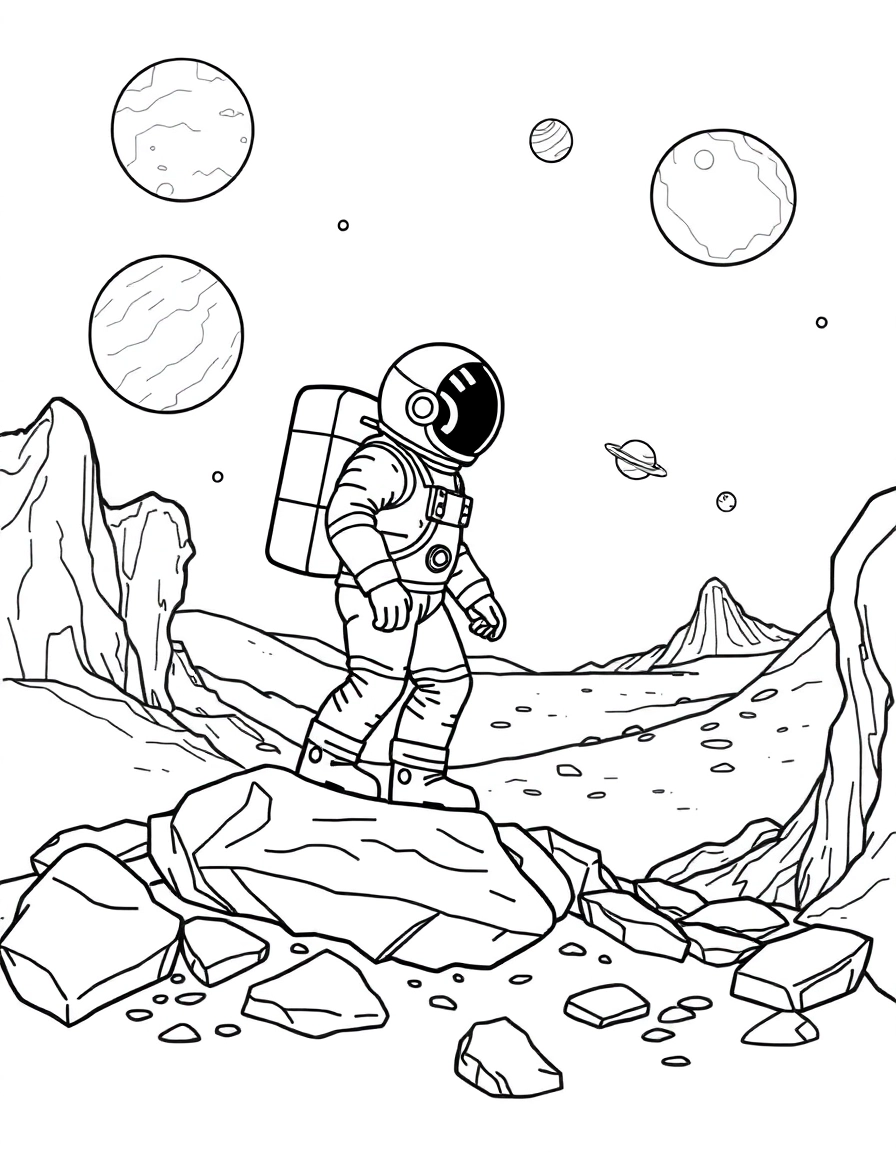 An astronaut exploring an alien planet, rocky terrain underfoot and distant planets in the sky