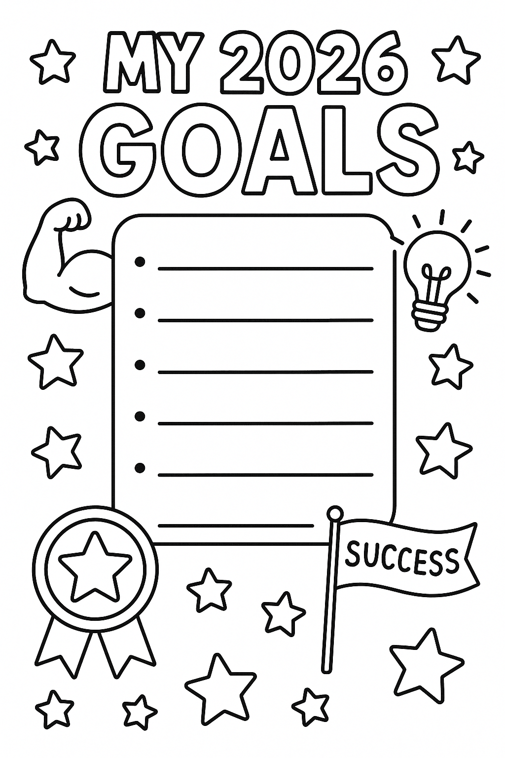 New Year resolution coloring: My 2026 Goals header, decorated list template, motivational icons, stars, achievement badges, thick line art, personalized goal setting page