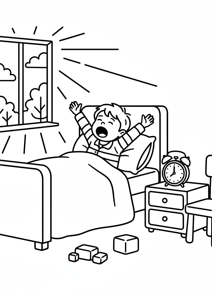 A young child waking up in bed stretching with sunlight coming through a window, cozy bedroom with simple furniture, alarm clock on nightstand, clean bold outlines, simple shapes for young children, centered composition, minimal background details, no text, no logos
