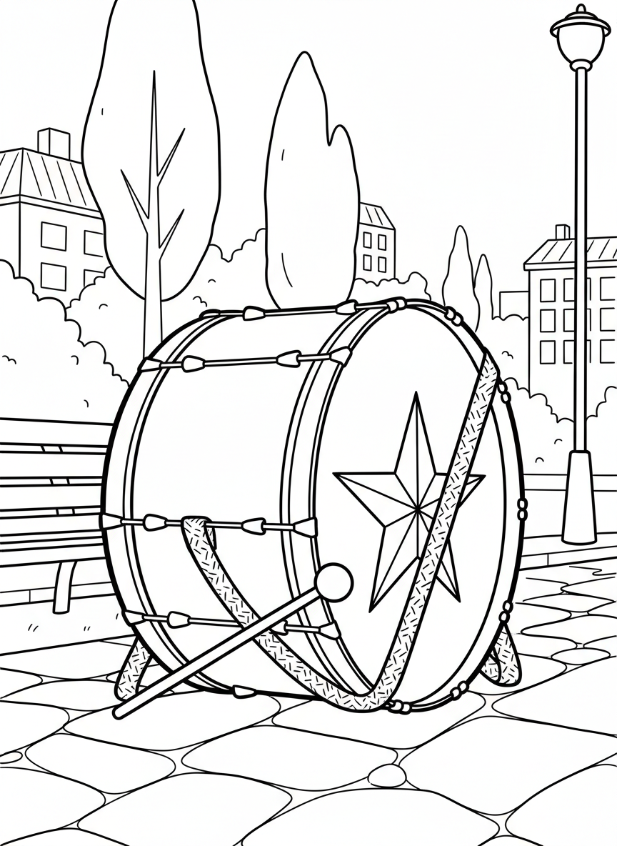 A marching bass drum with shoulder straps and drumsticks, decorated with a star emblem on the front, standing upright.