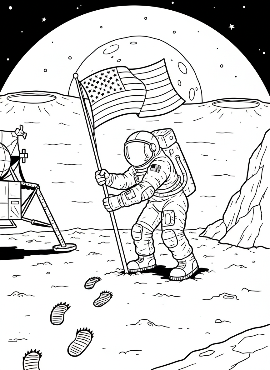 A moon landing where an astronaut plants a flag in dusty terrain, with footprints leading behind them.