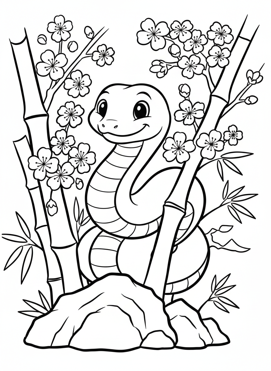 A cute cartoon snake coiled around bamboo stalks with cherry blossoms, celebrating the Year of the Snake, simple shapes