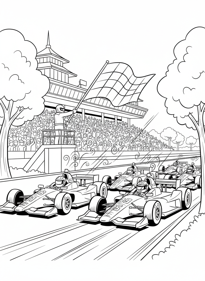 Indy 500 coloring page prompts capturing speed, tradition, roaring engines, packed grandstands, and legendary race moments.	A late-race restart with engines revving loudly, drivers gripping steering wheels tightly as the green flag waves once more.