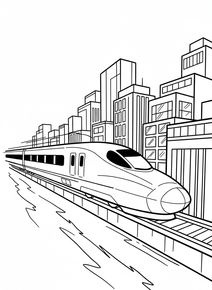 A high-speed bullet train zooming past a city skyline, with sleek aerodynamic design and modern buildings in the background.