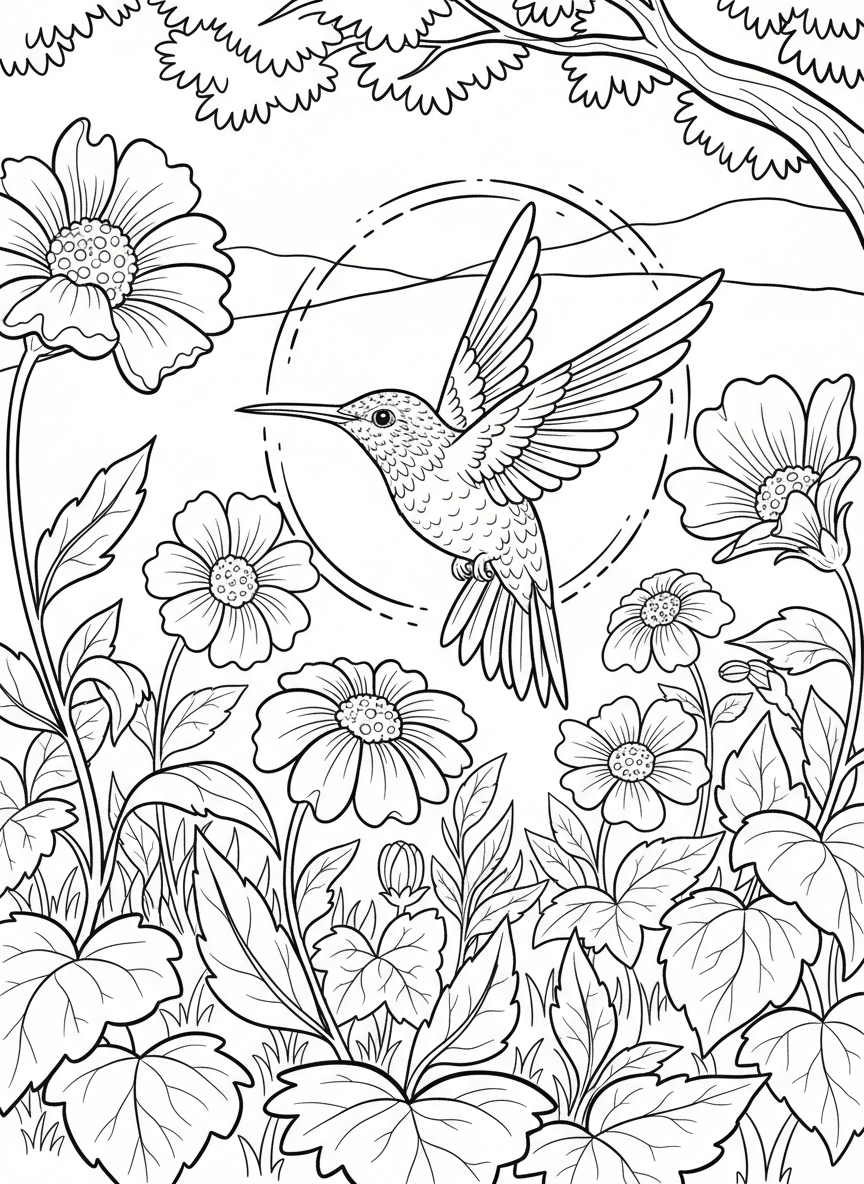 A hummingbird in mid-flight doing a loop-de-loop above a patch of wildflowers, showing dynamic movement and energy