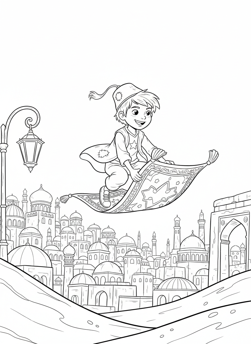 An adventurous street kid with a vest and fez hat riding a magic carpet high above a desert city with domed buildings