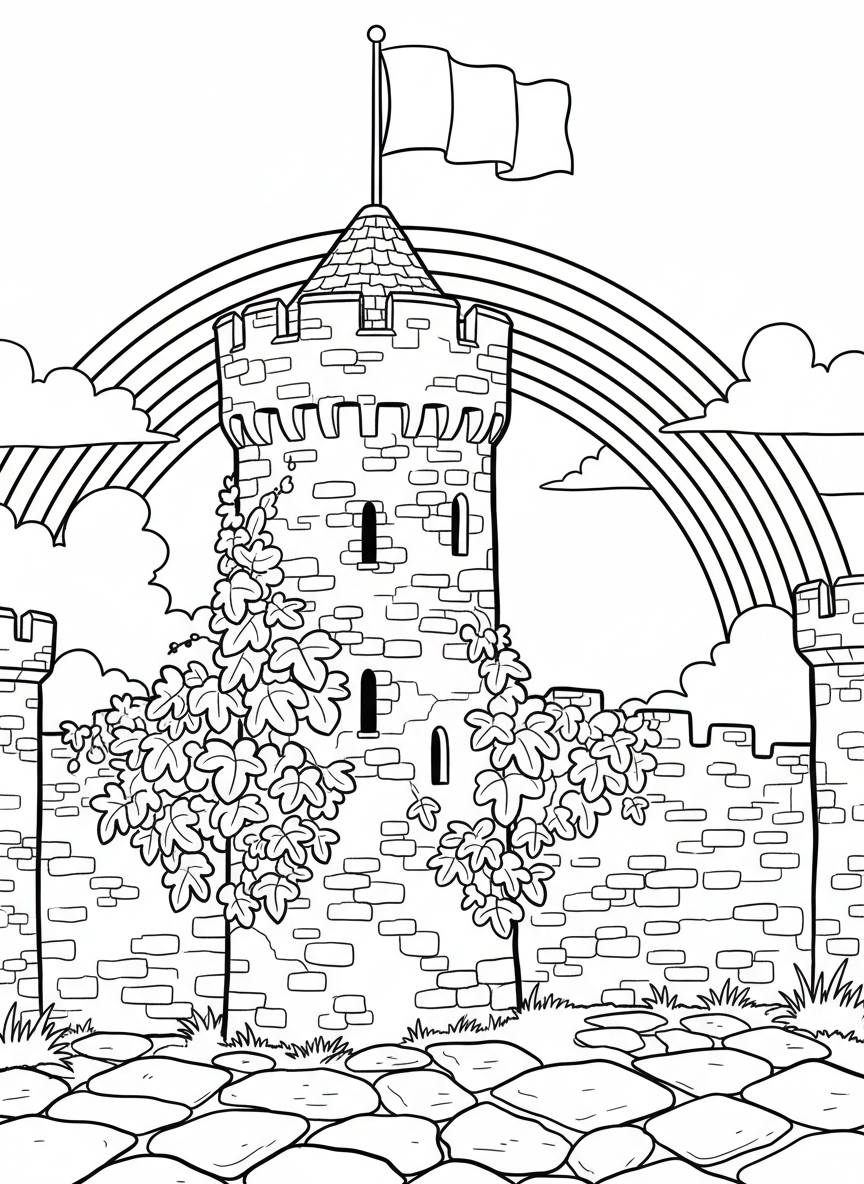 A castle tower with an Irish flag on top, stone walls covered in climbing ivy, and a rainbow in the background.