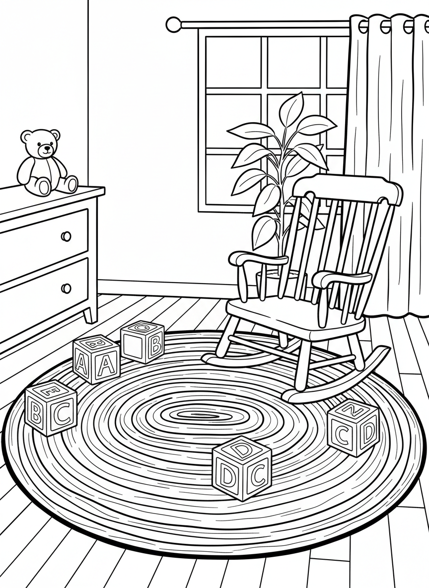A round braided rug in the center of a bedroom with alphabet blocks scattered around and a rocking chair nearby