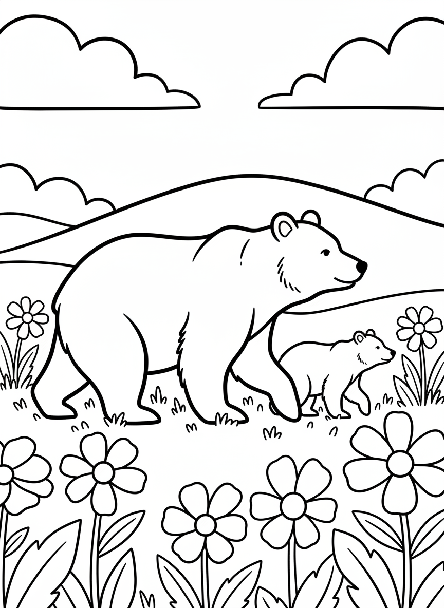 A family of bears including a mother and two cubs walking through a meadow with wildflowers
