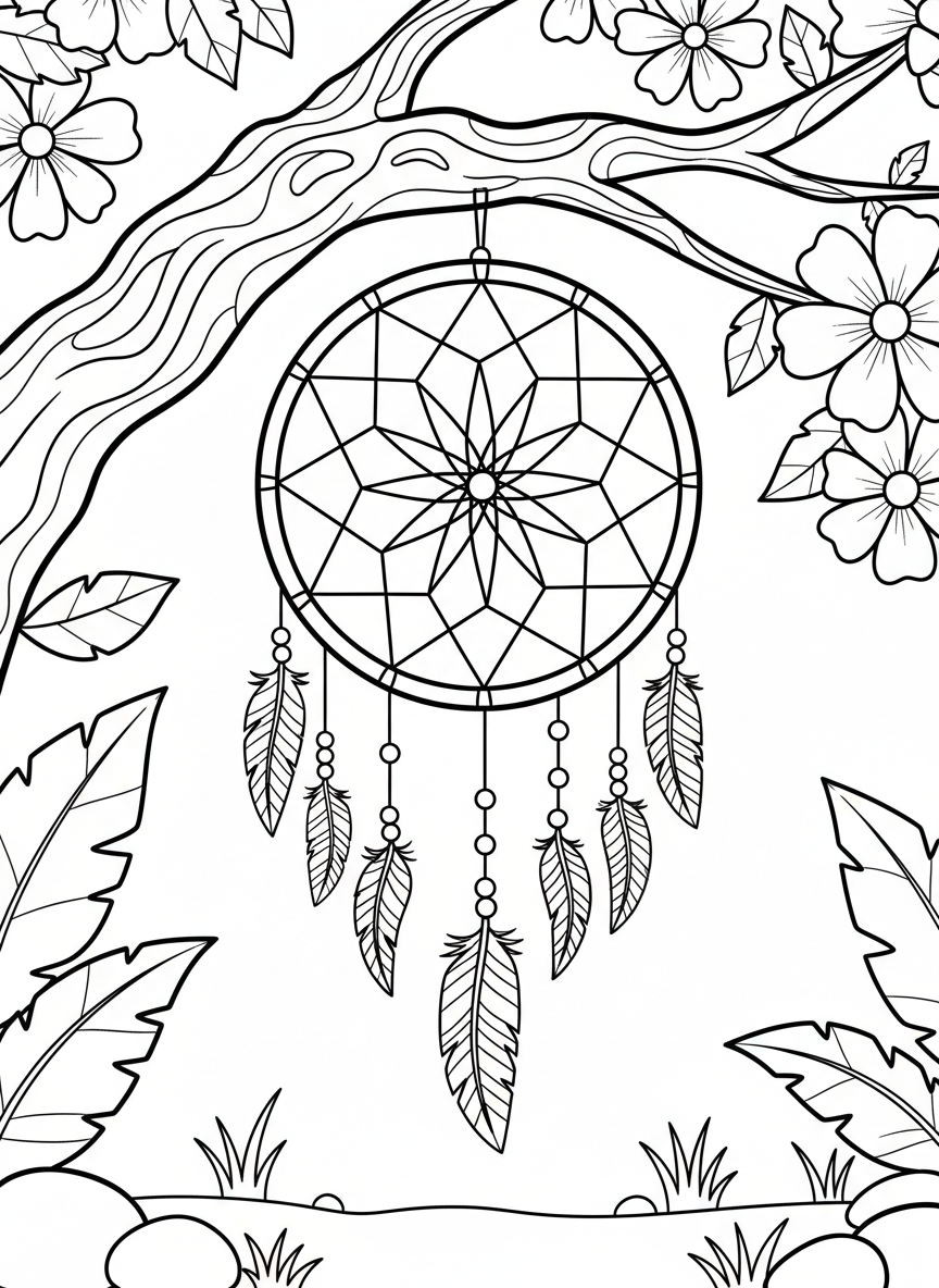 A dreamcatcher hanging from a tree branch with feathers dangling below, surrounded by leaves and flowers, clean outlines suitable for children to color