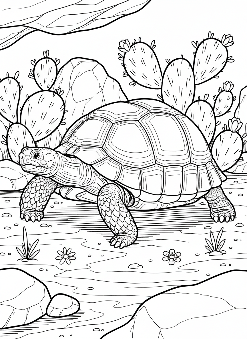 A desert tortoise walking among prickly pear cacti and small desert wildflowers with rocks and sand