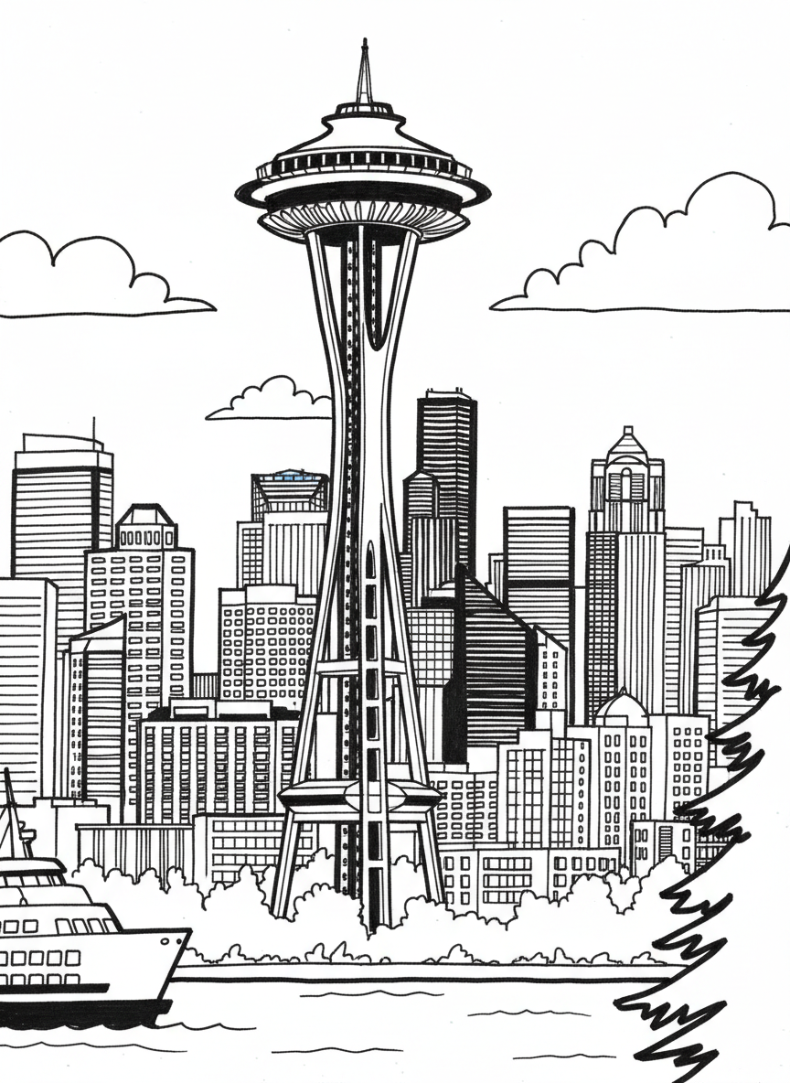 The Space Needle in Seattle with its distinctive flying saucer observation deck and the city skyline below.