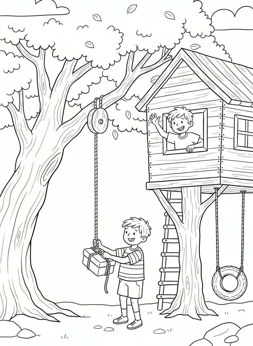 A boy standing on the ground tying a package to a rope pulley while his friend waves from the treehouse window above, ready to receive it.