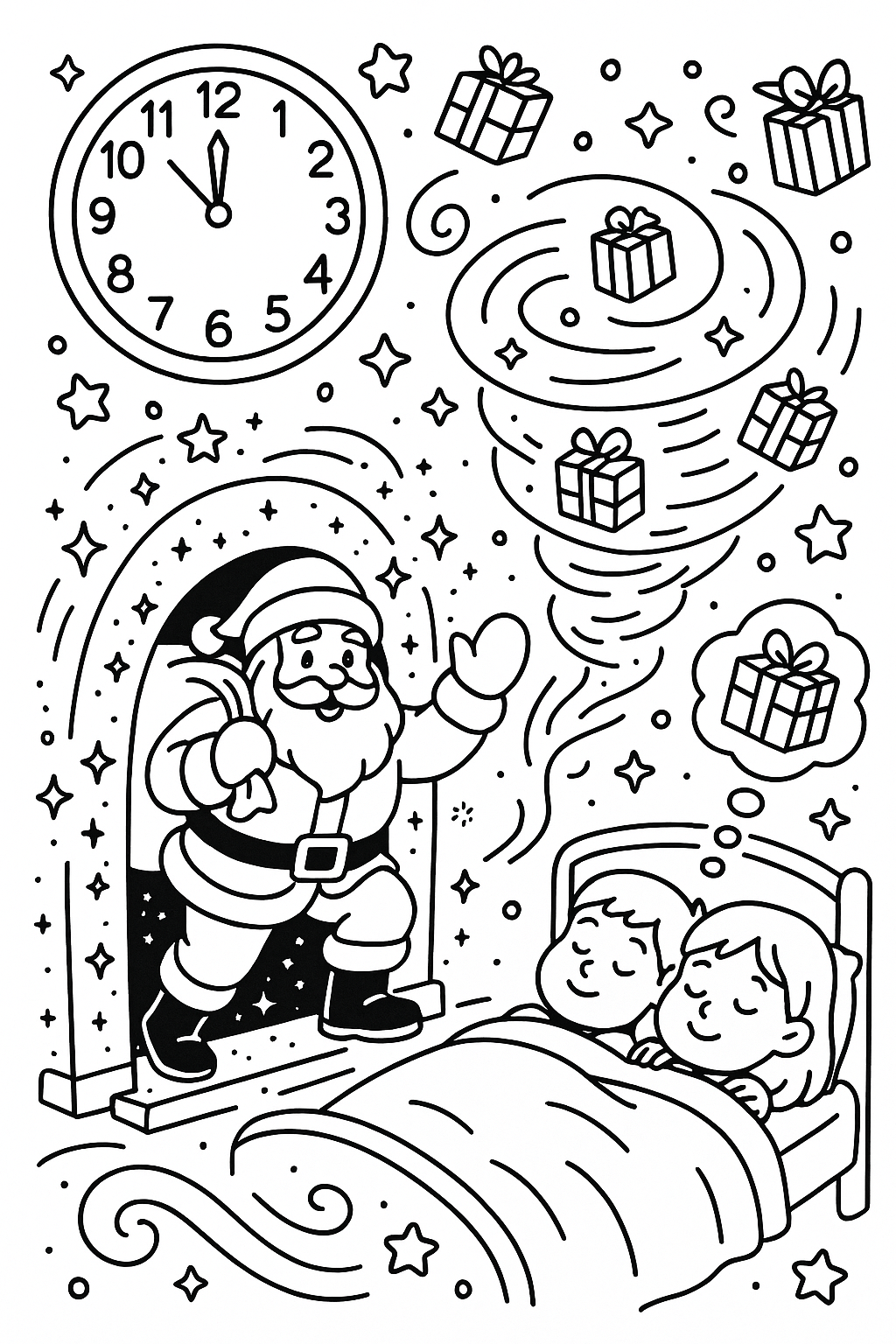 Santa stepping through sparkly chimney portal, swirling gift tornado, clock showing midnight, sleeping children dreaming, magical dust trails, thick line art, fantastical Christmas delivery scene