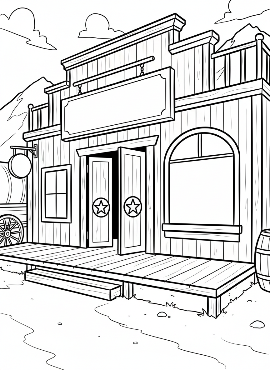 A western saloon storefront from the Old West era with swinging doors, wooden sidewalk, and vintage signage