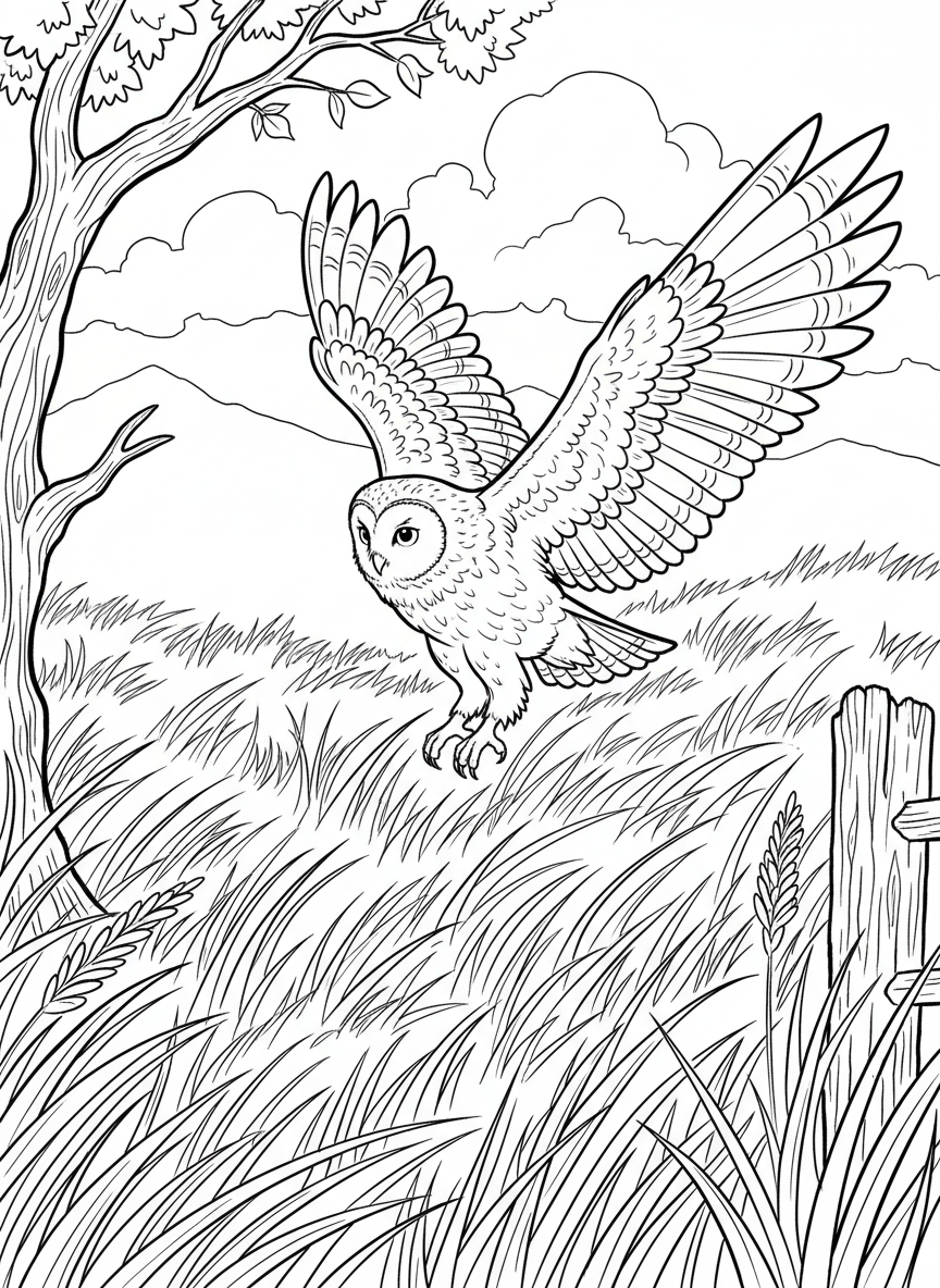 A short-eared owl hunting over a grassy field, wings outstretched in a low gliding pose.