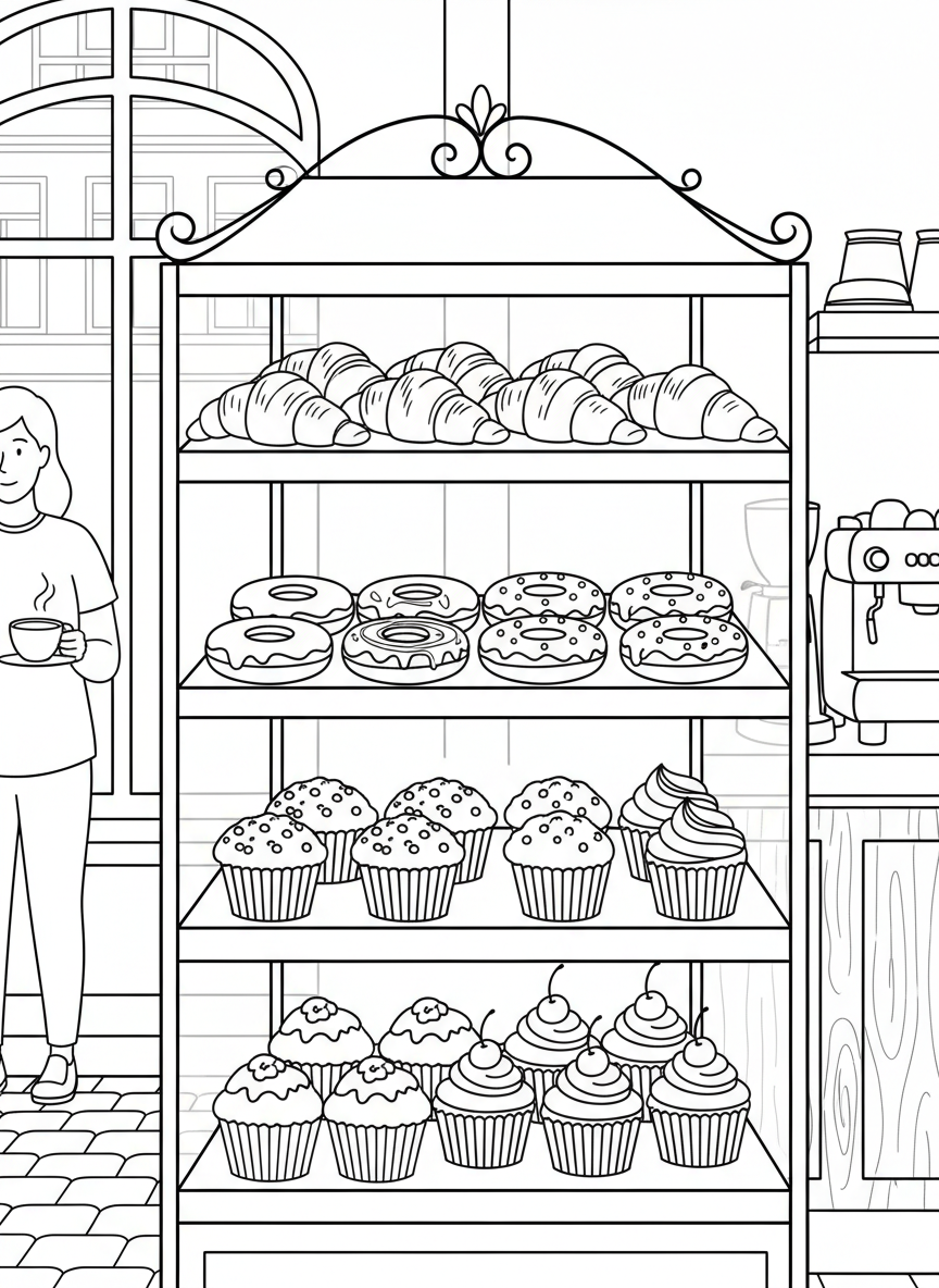 A tiered display case filled with different pastries including croissants, donuts, muffins, and cupcakes
