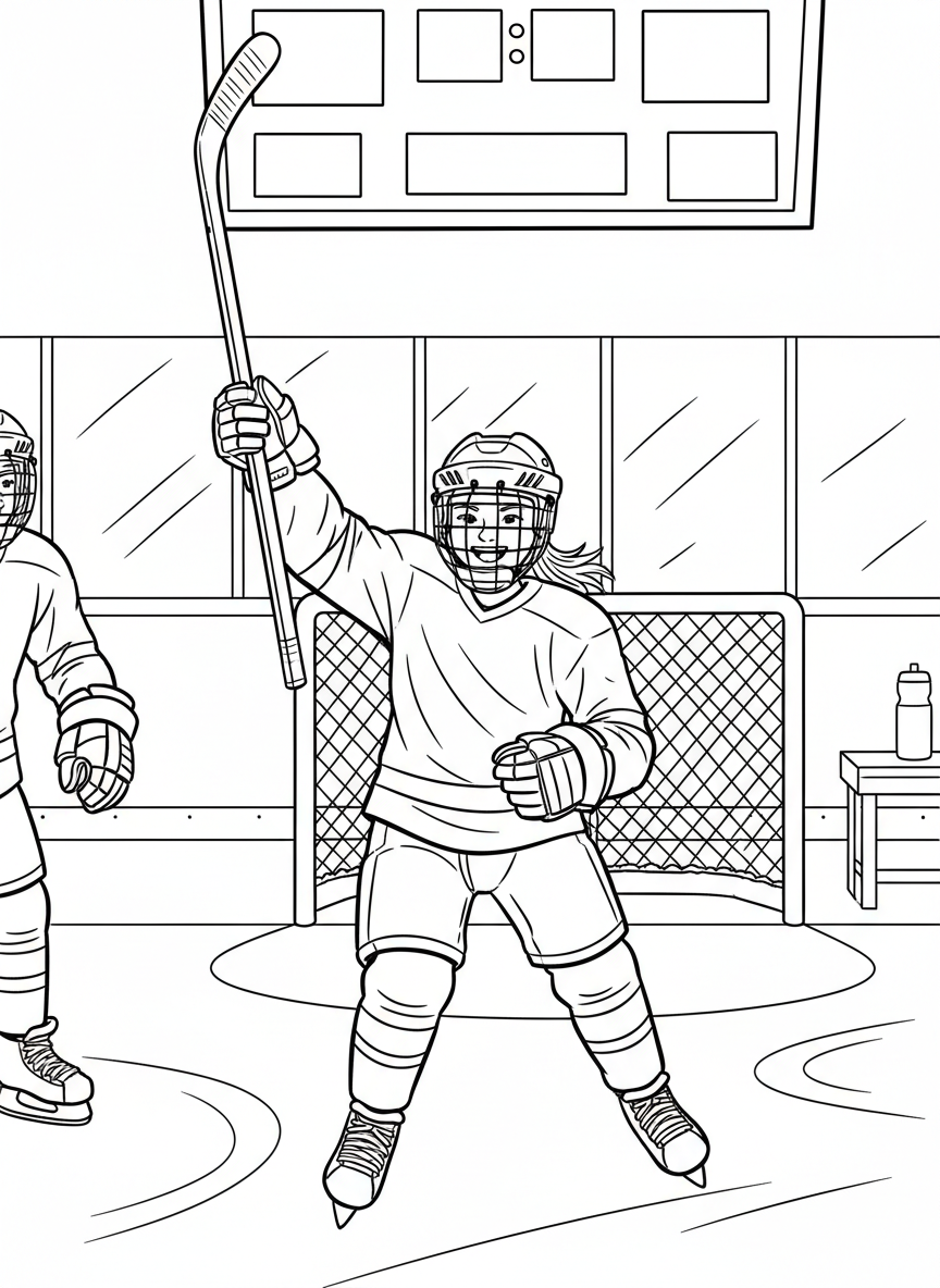 A young girl hockey player in uniform doing a victory pose with her stick raised high