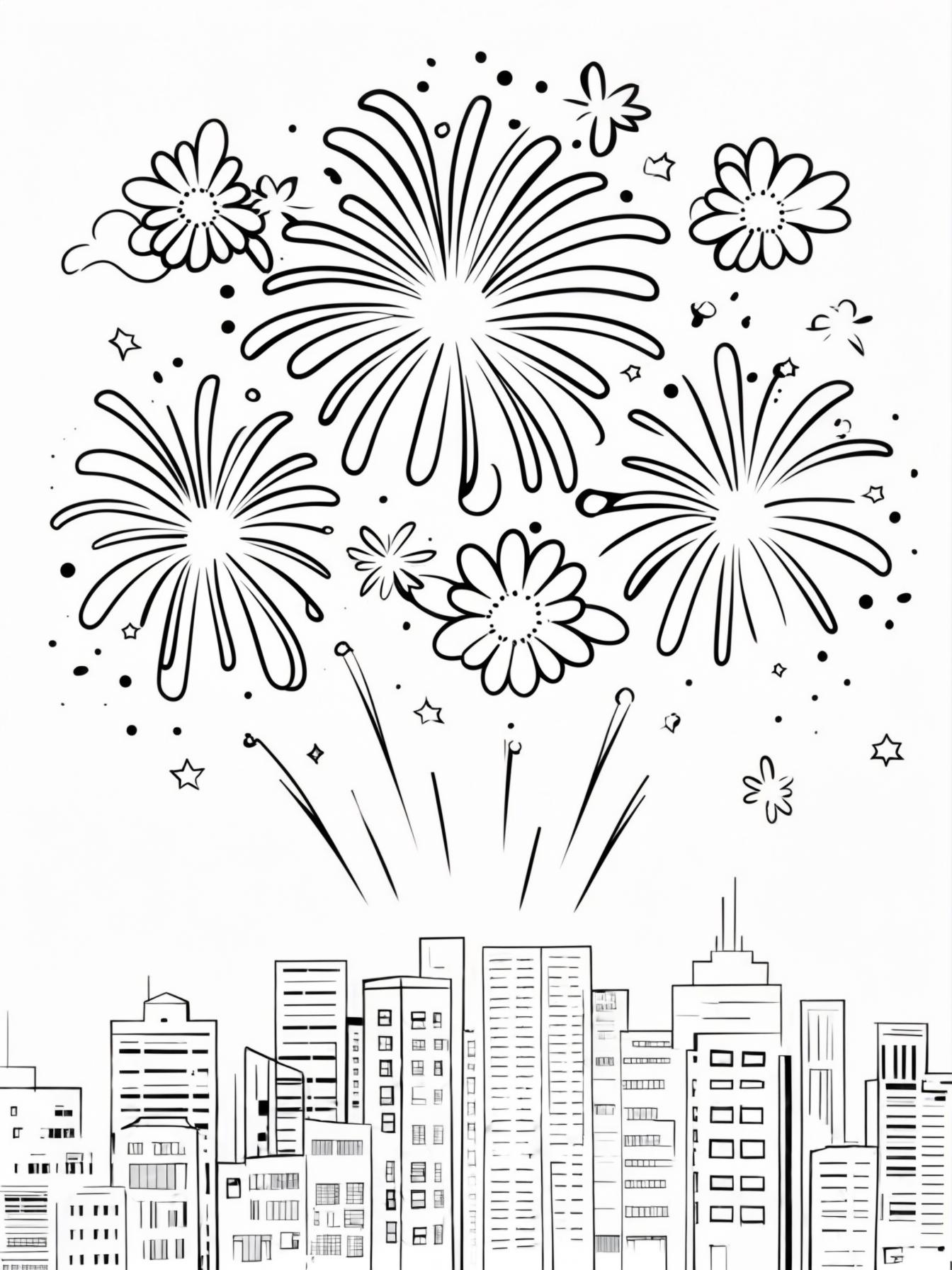 Fireworks over the City: A kid-friendly skyline of a simple city with big, bold, flower-shaped fireworks exploding in the sky above it (easy to color sections).