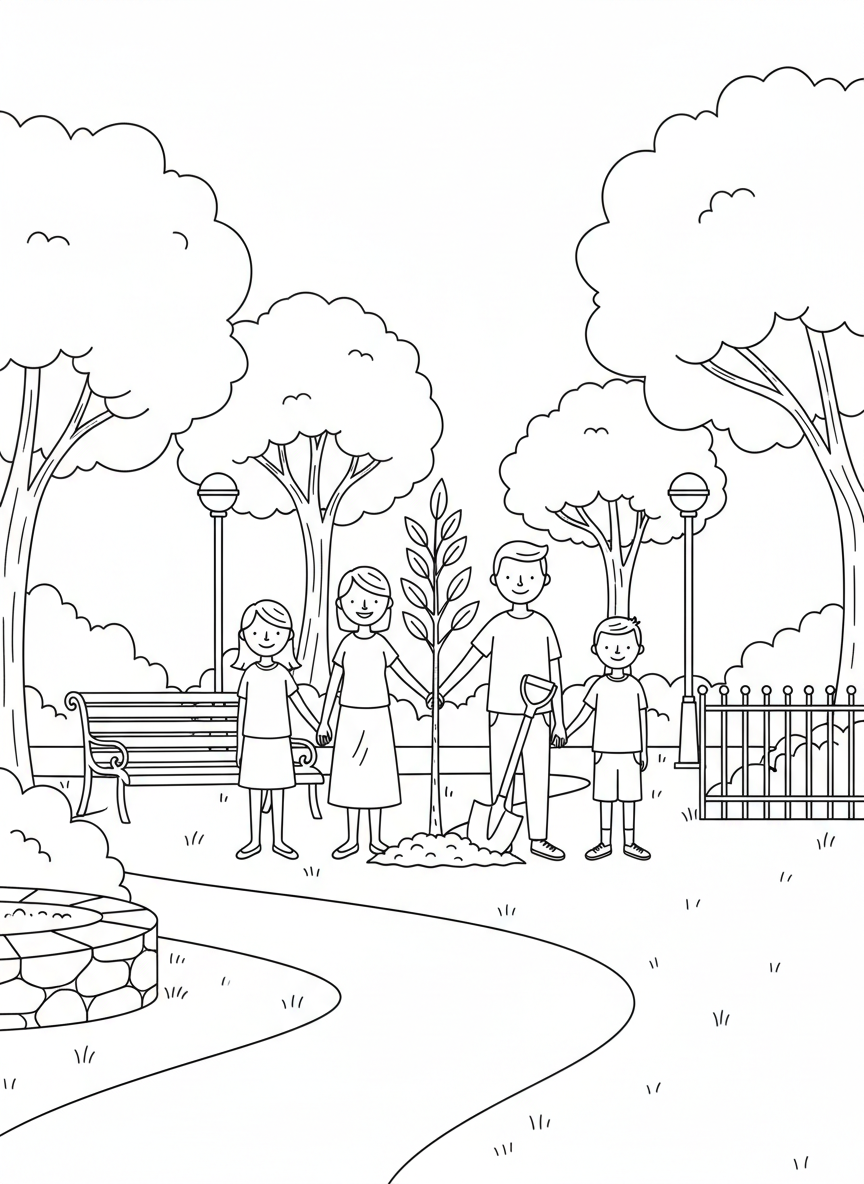A family of four holding hands around a newly planted tree, with a park setting in the background.
