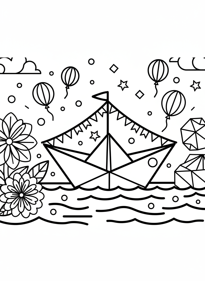 A festive origami party boat decorated with triangular banner flags, floating on water with balloons and confetti shapes around it.