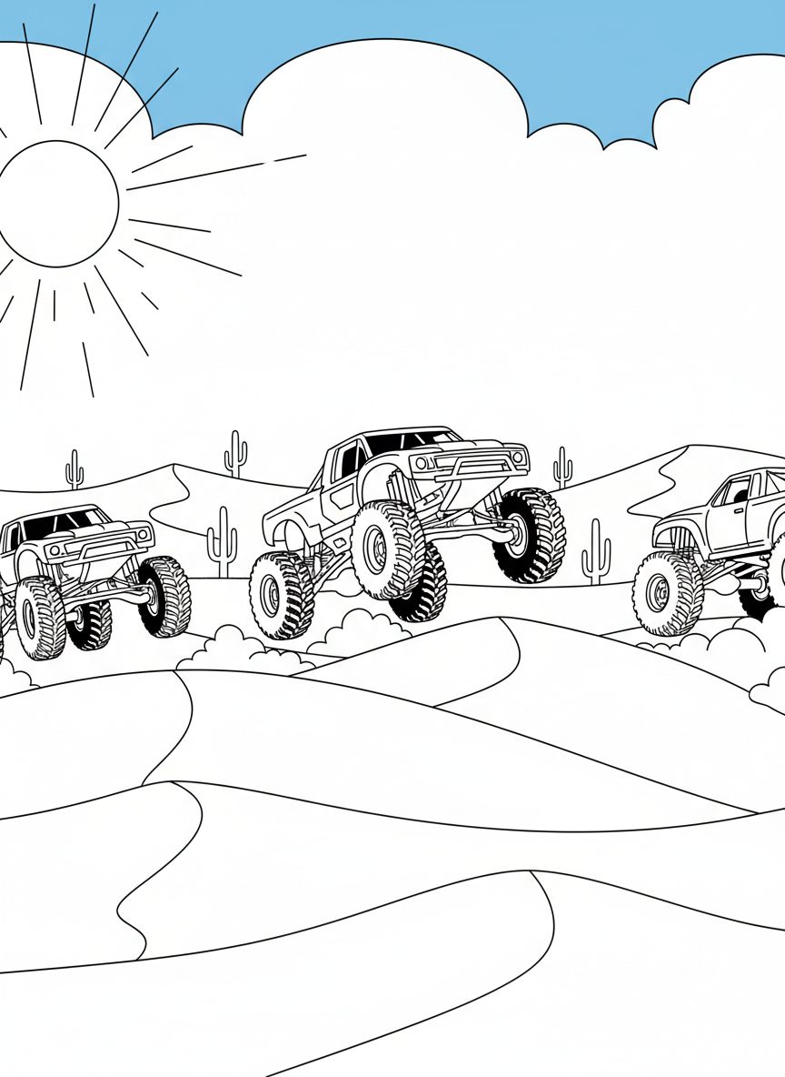 A rugged desert race with oversized trucks speeding across sand dunes beneath a clear blue sky.